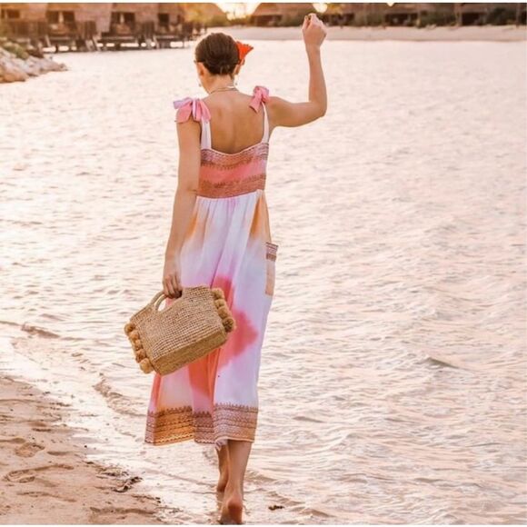 Juliet Dunn Tie Shoulder Cotton Midi Dress Orange Pink Sz 1 US 4 Small Tye Dye‎ - Picture 1 of 14